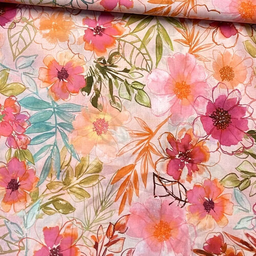 Katoen Voile - Flowers - Roze